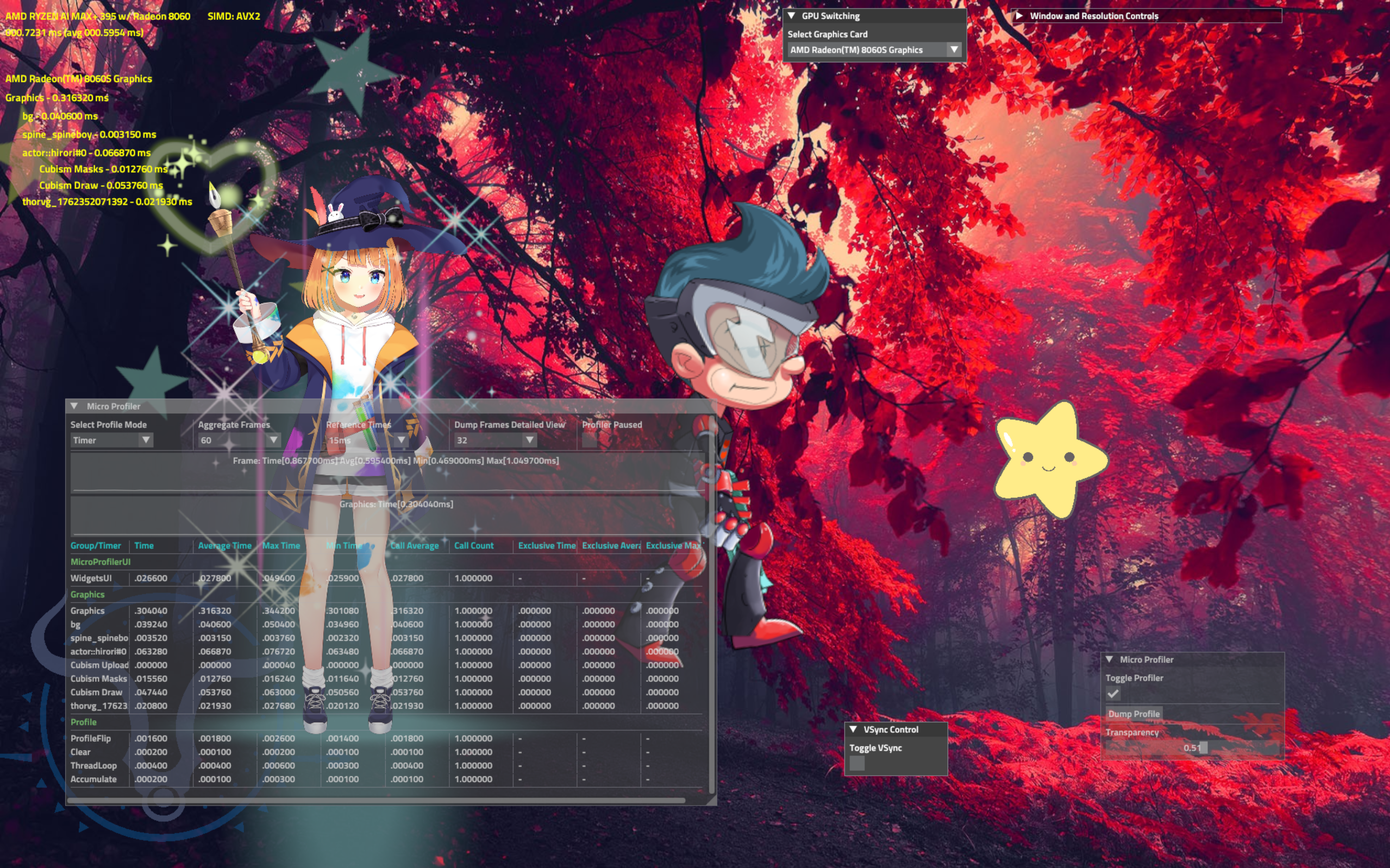 ThorVG, Spine, and Live2D rendering in the visual novel client on Windows